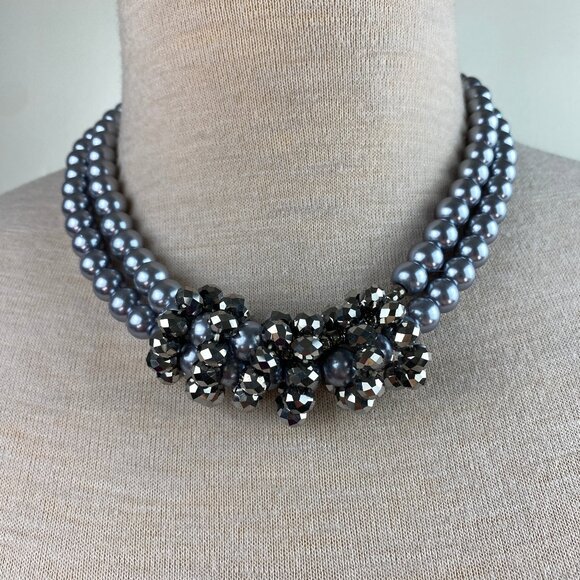 Jewelry - Faux Pearl Multi-Strand Statement Fashion Necklace Gray Glass Beads 17-20"